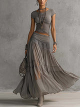 Elena | Lace Paneled Top & Pleated Maxi Skirt Set for Women