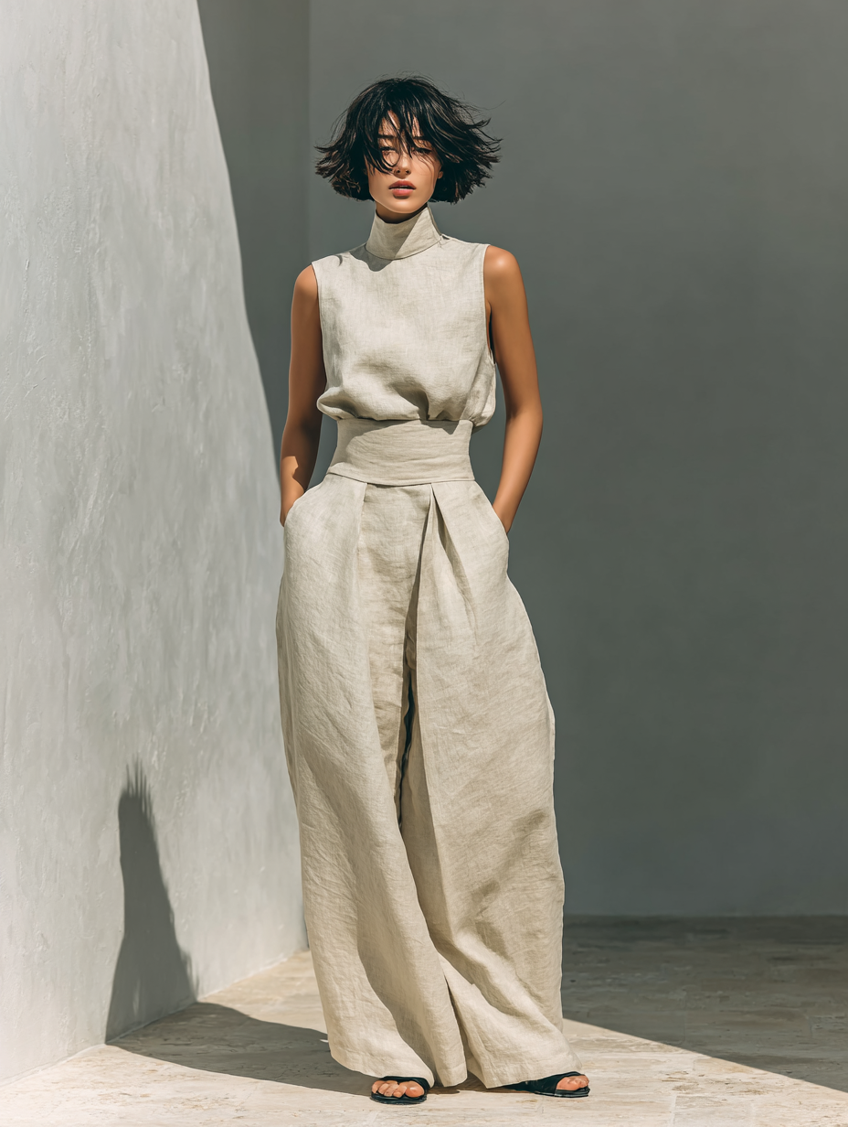 Maria | Cotton Linen Tank Top & Wide-Leg Pants Set for Women
