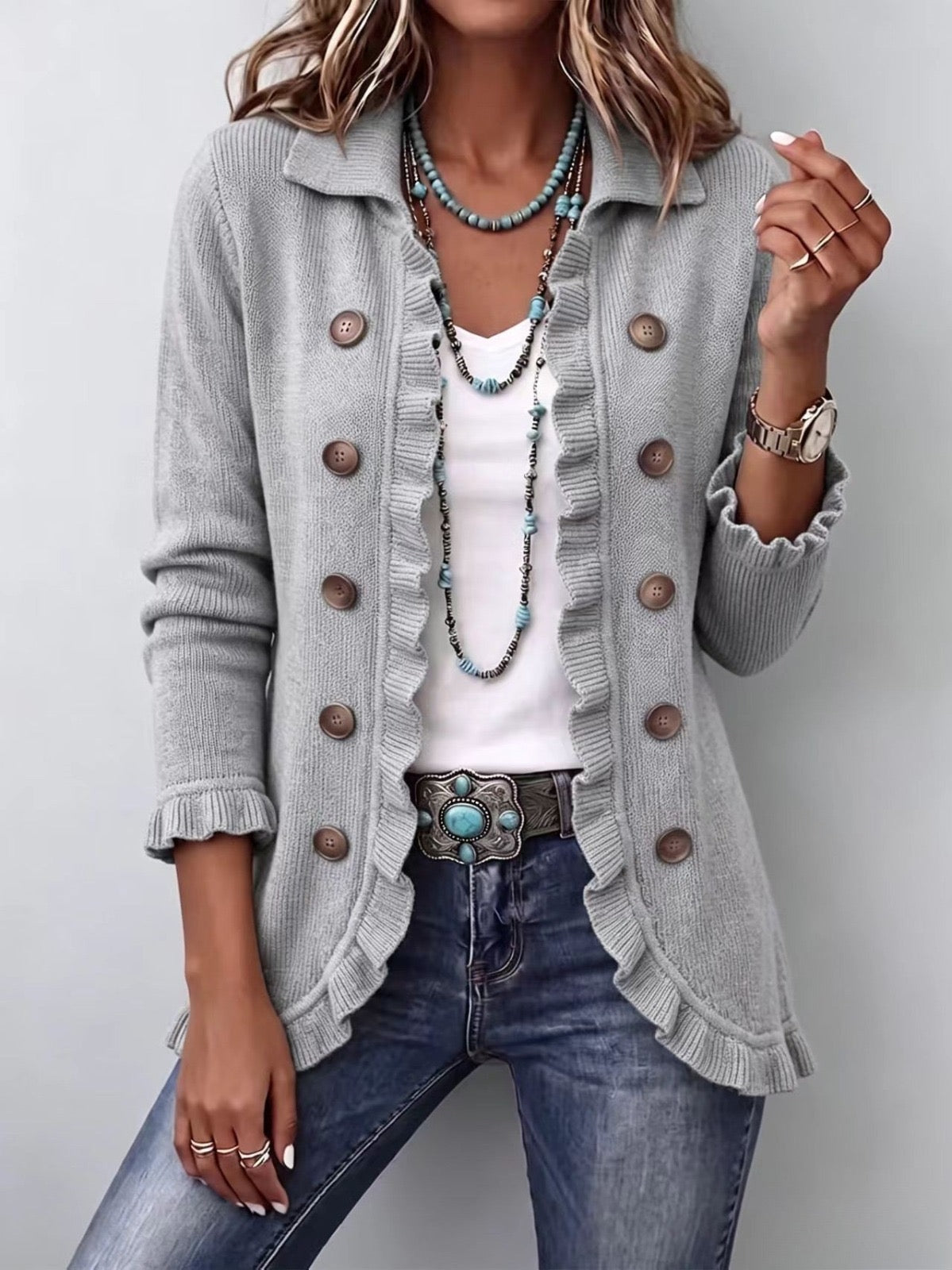 Elowen | Ribbed Knit Ruffle Jacket for Women