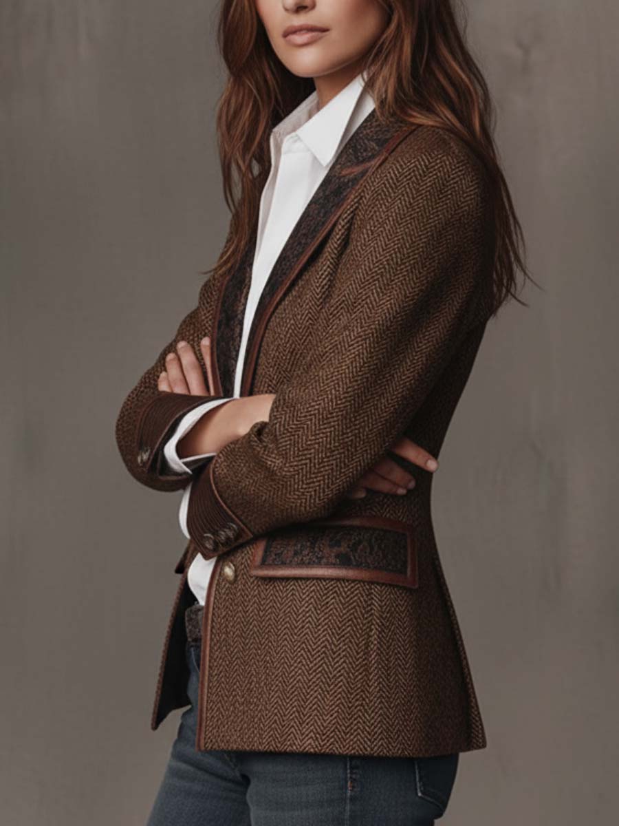Elara | Herringbone Print Panel Blazer for Women
