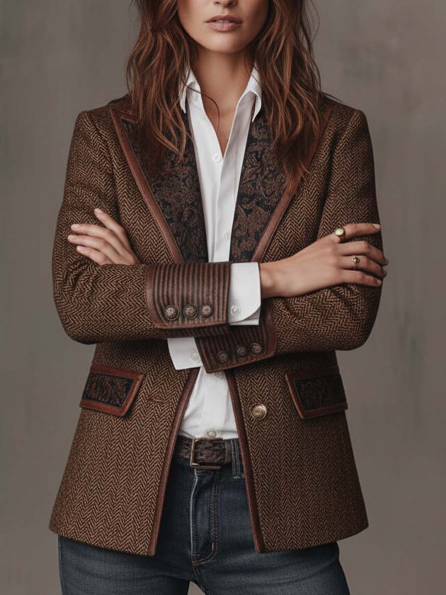 Elara | Herringbone Print Panel Blazer for Women