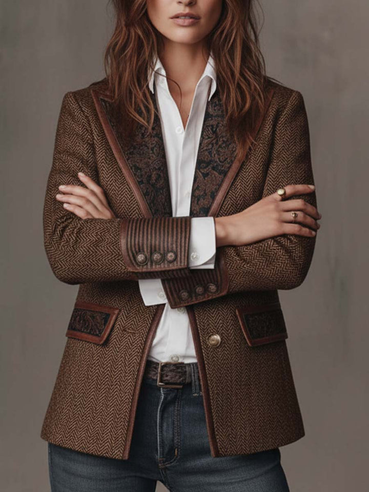 Elara | Herringbone Print Panel Blazer for Women