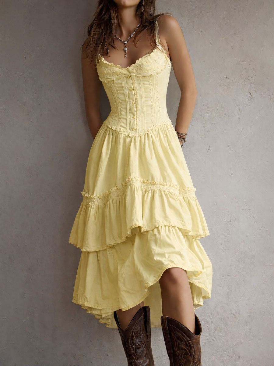 Marisol | Corset Tiered Lace-Trim Midi Dress for Women