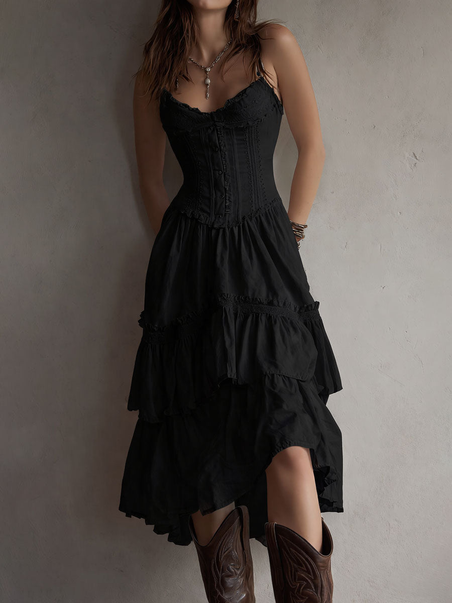 Marisol | Corset Tiered Lace-Trim Midi Dress for Women
