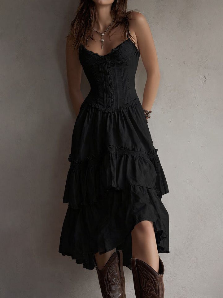 Marisol | Corset Tiered Lace-Trim Midi Dress for Women