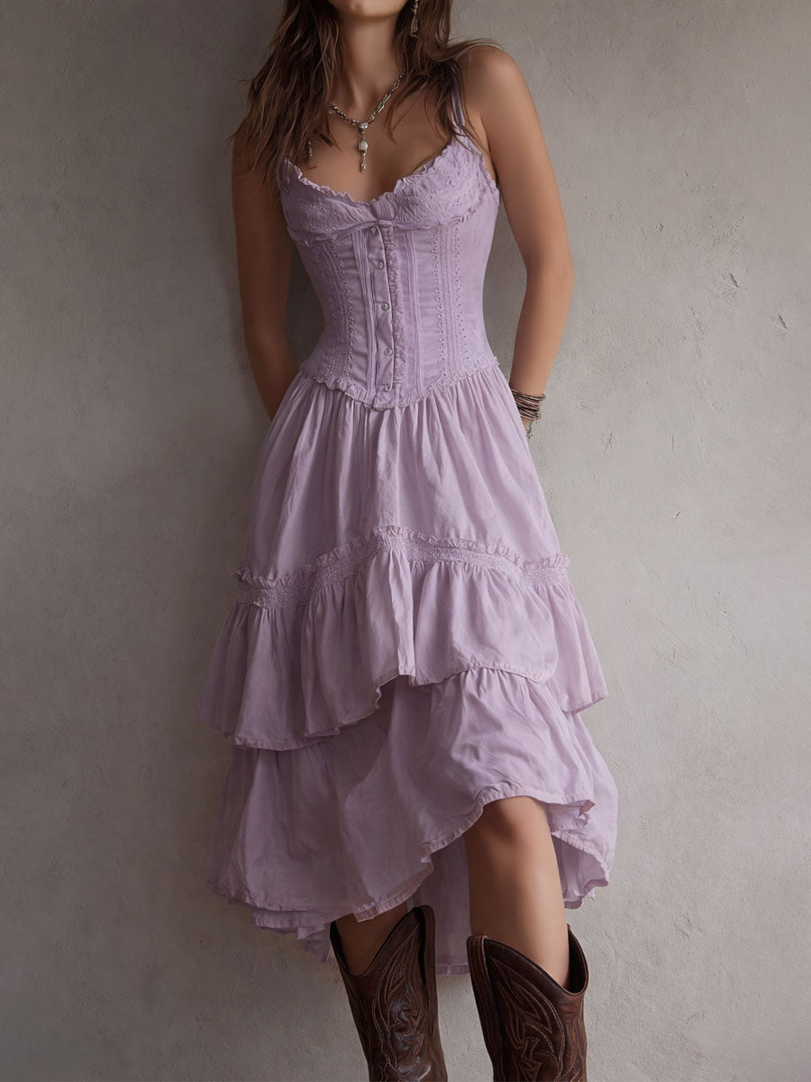 Marisol | Corset Tiered Lace-Trim Midi Dress for Women