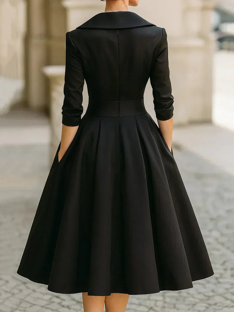 Karen | Satin Wrap-Bodice Collared Midi Dress with Pockets