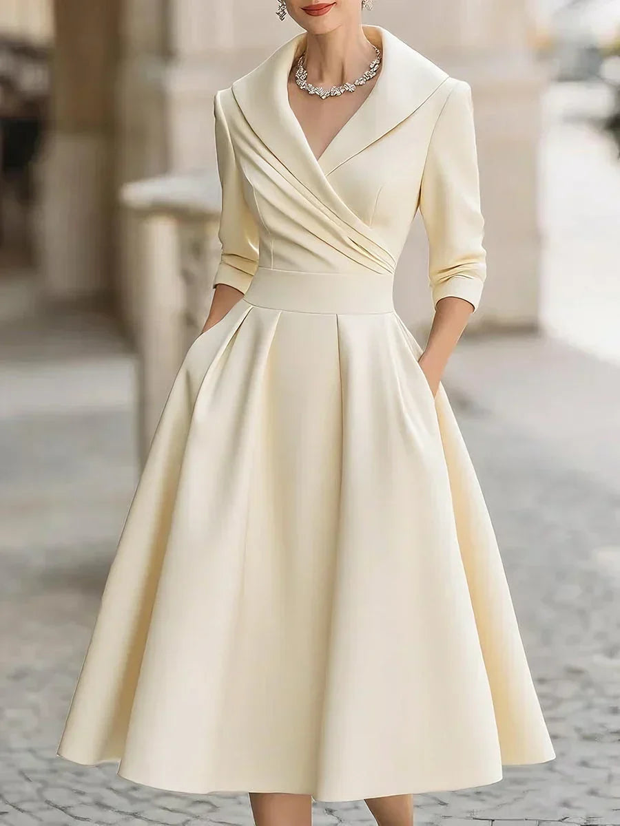 Karen | Satin Wrap-Bodice Collared Midi Dress with Pockets