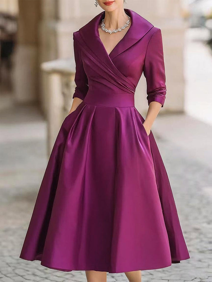 Karen | Satin Wrap-Bodice Collared Midi Dress with Pockets