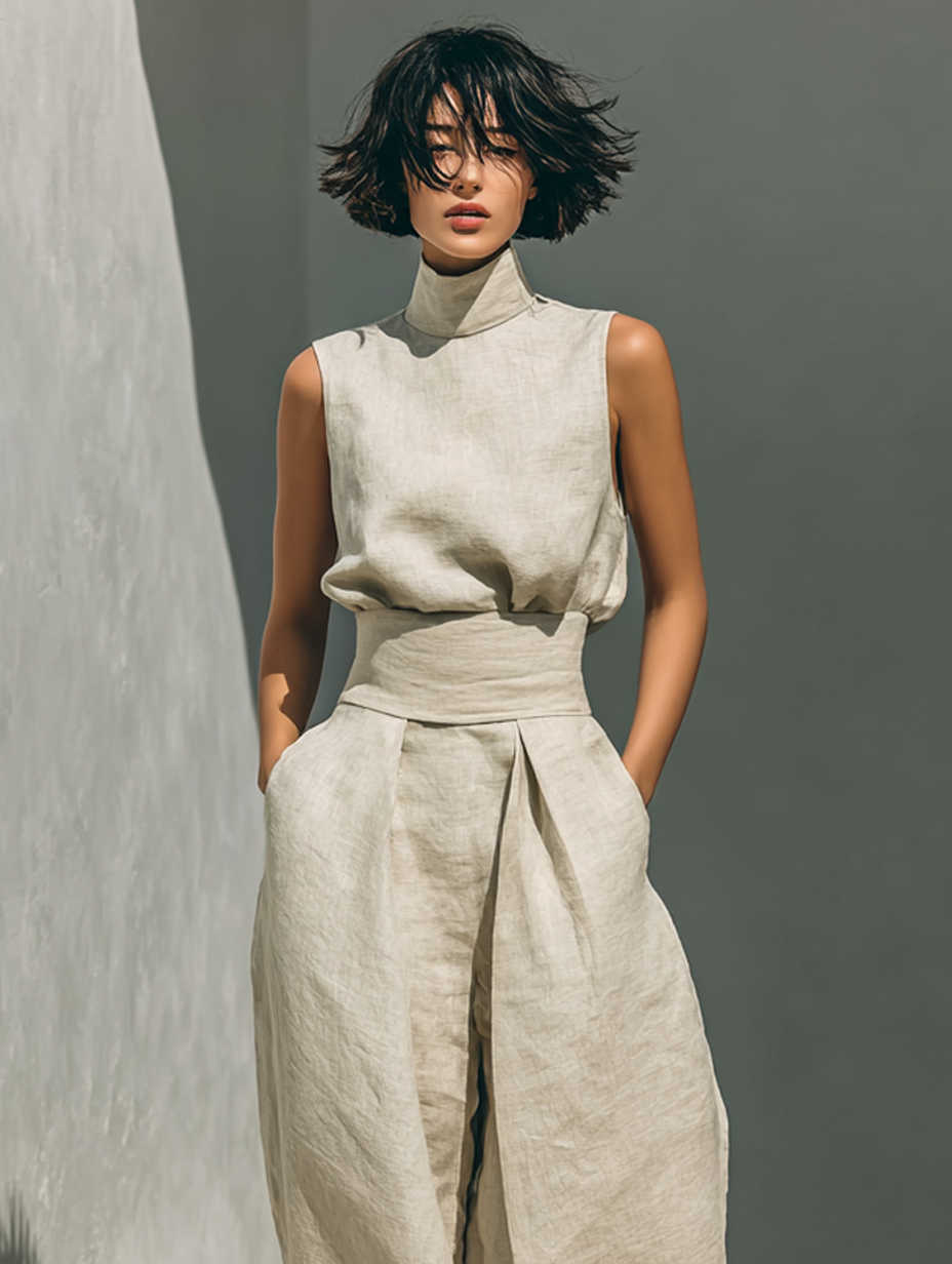 Maria | Cotton Linen Tank Top & Wide-Leg Pants Set for Women