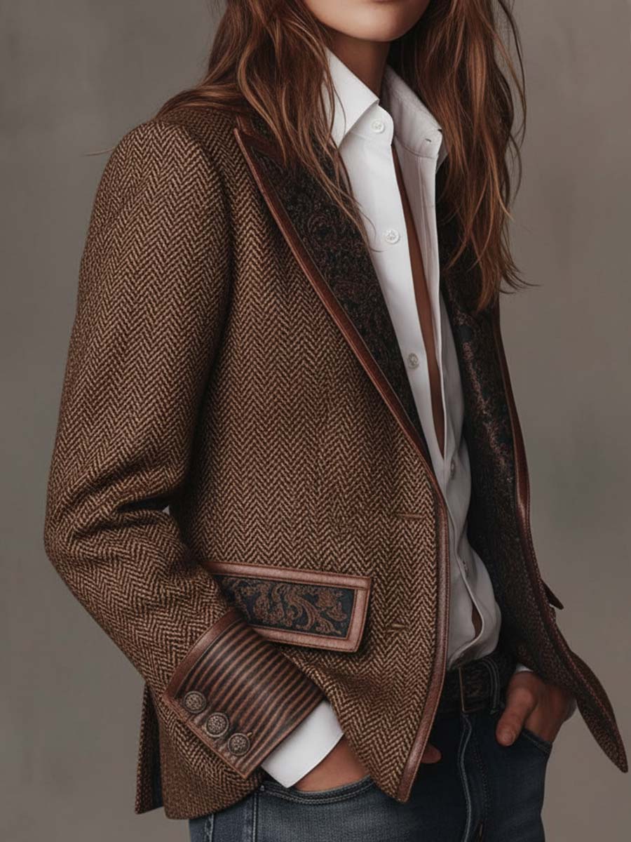 Elara | Herringbone Print Panel Blazer for Women