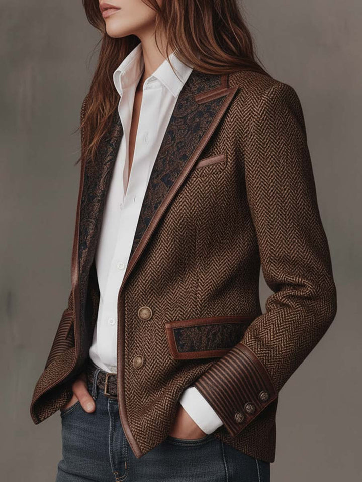 Elara | Herringbone Print Panel Blazer for Women