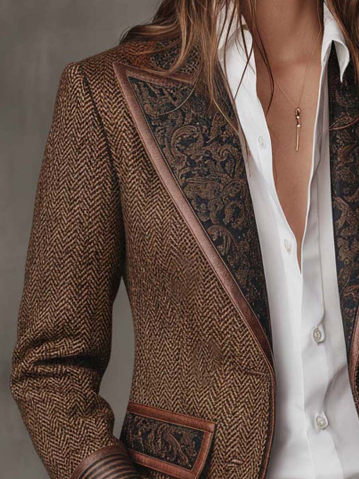 Elara | Herringbone Print Panel Blazer for Women