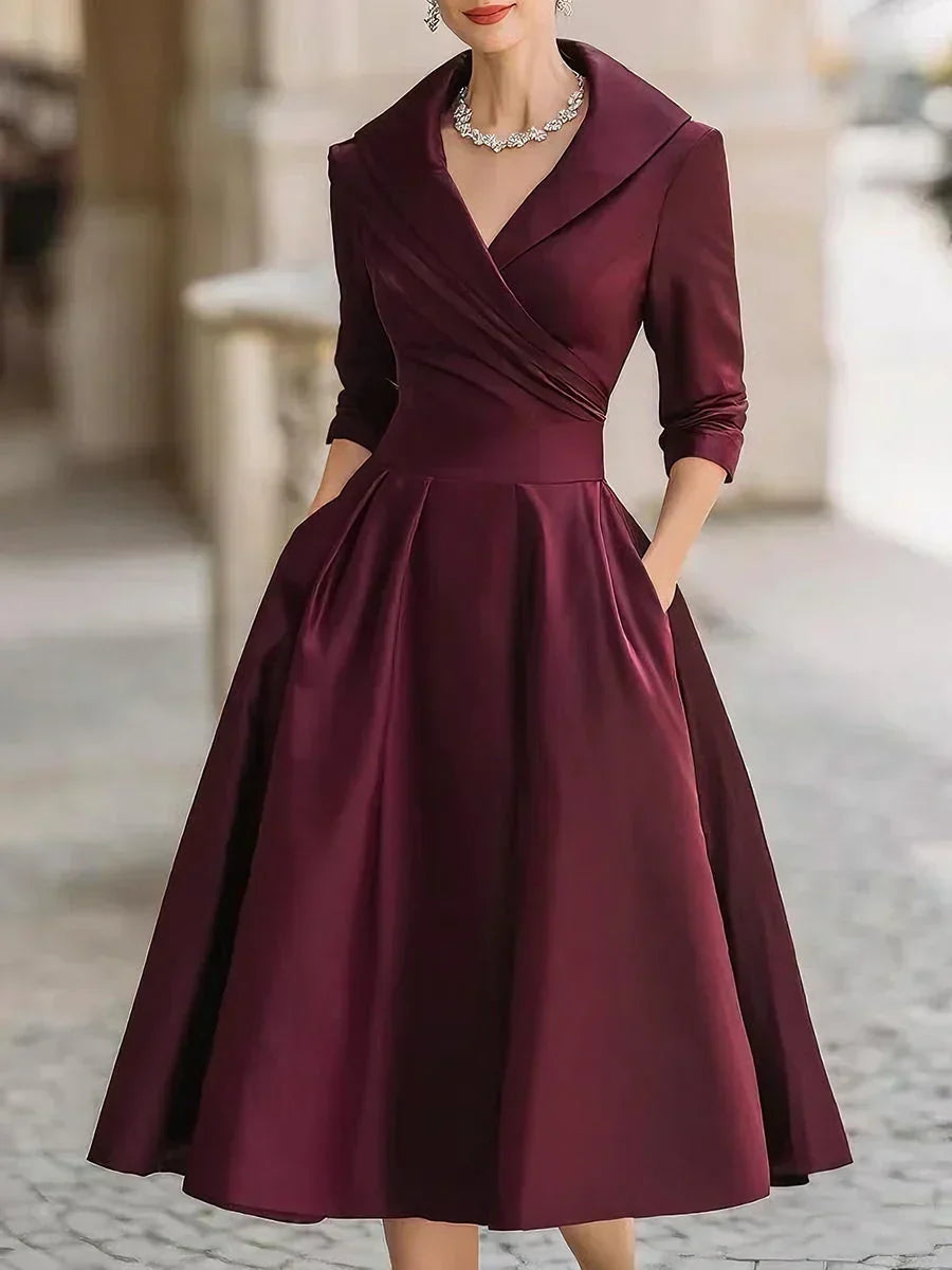 Karen | Satin Wrap-Bodice Collared Midi Dress with Pockets