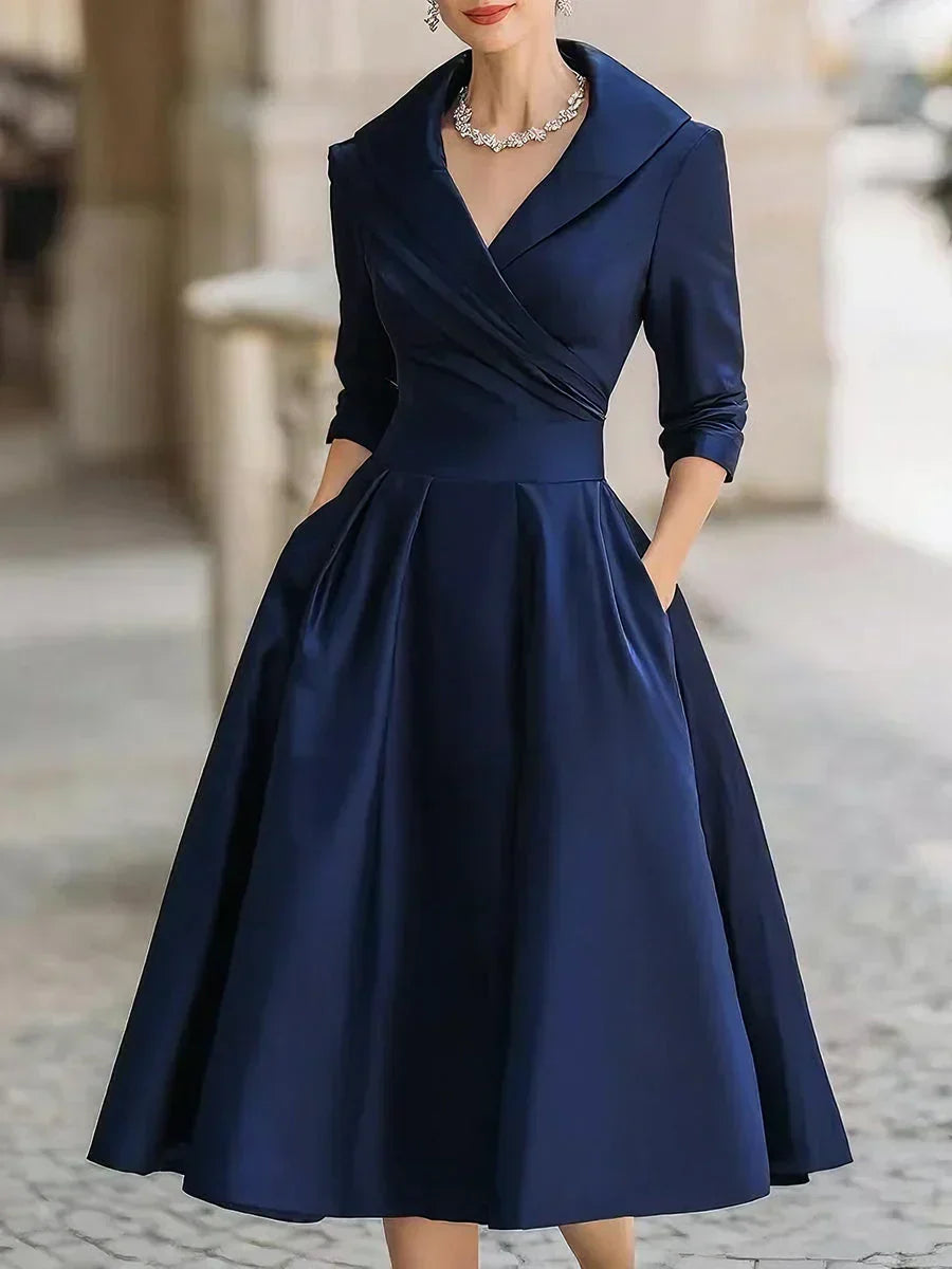 Karen | Satin Wrap-Bodice Collared Midi Dress with Pockets