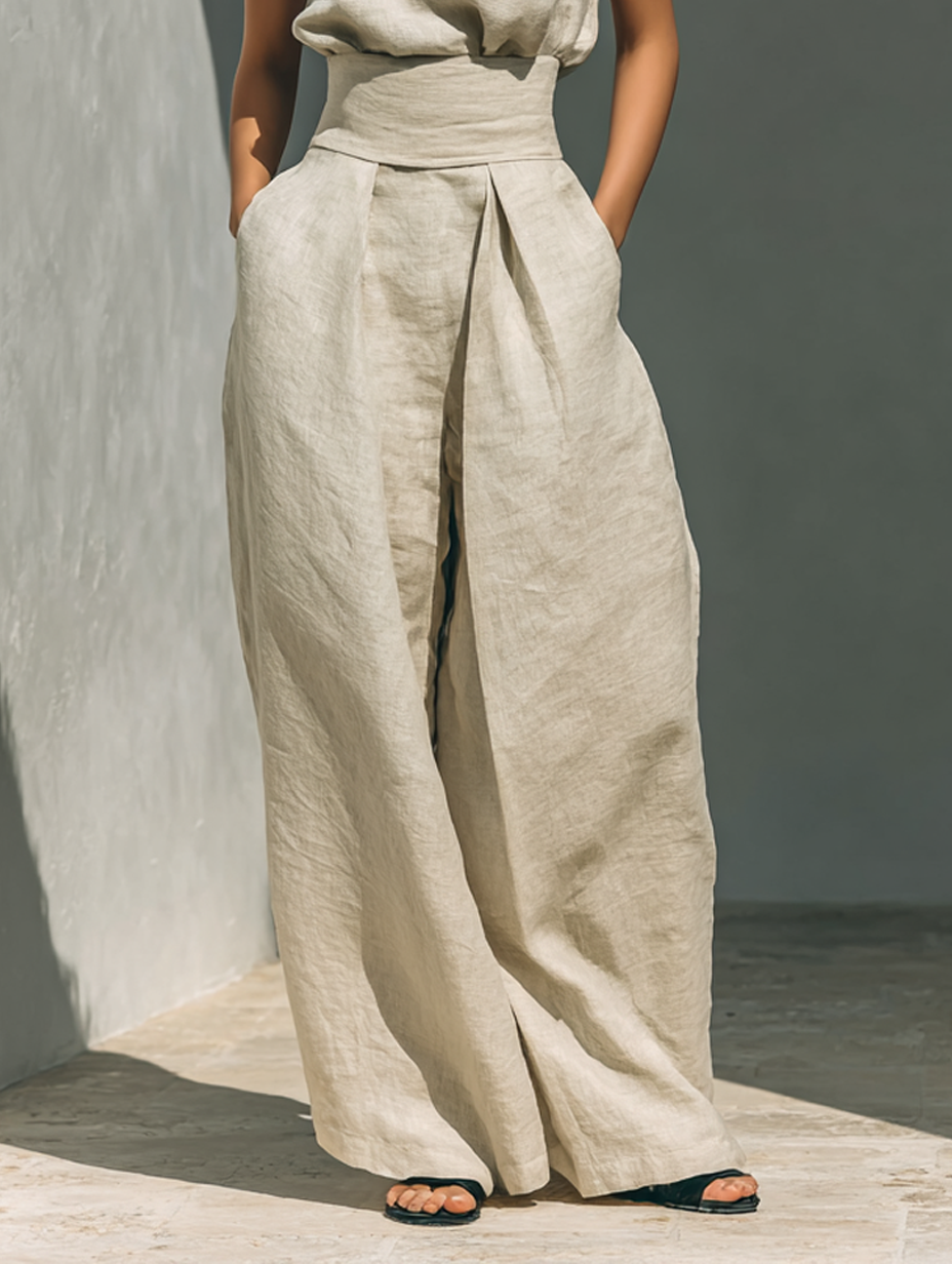 Maria | Cotton Linen Tank Top & Wide-Leg Pants Set for Women