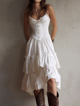 Marisol | Corset Tiered Lace-Trim Midi Dress for Women