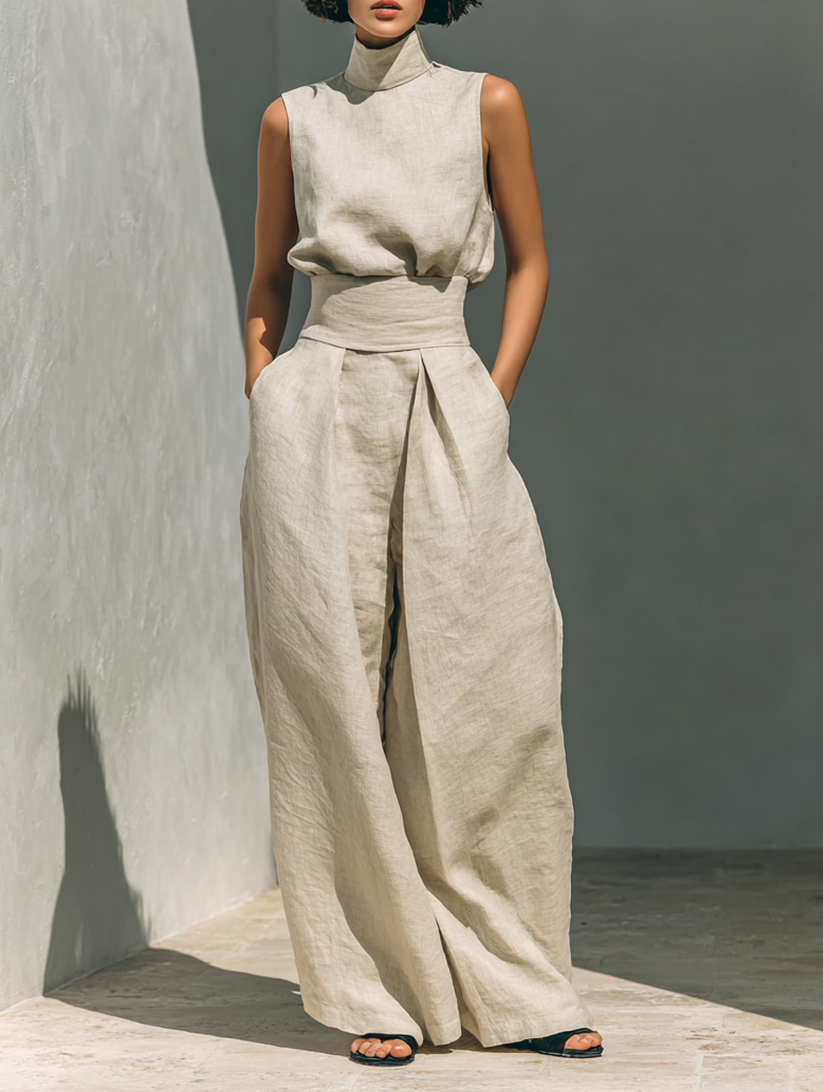 Maria | Cotton Linen Tank Top & Wide-Leg Pants Set for Women