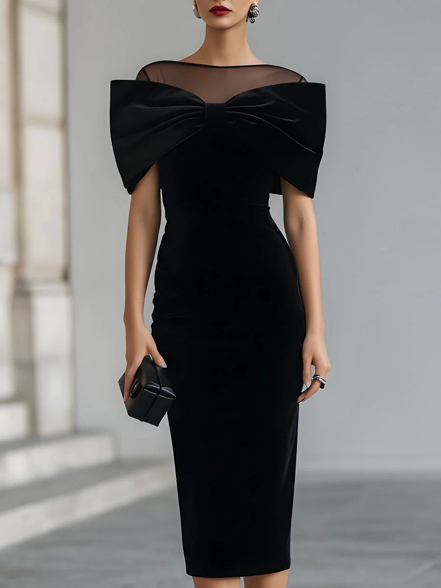 Regina | Black Velvet Bow Midi Dress for Women