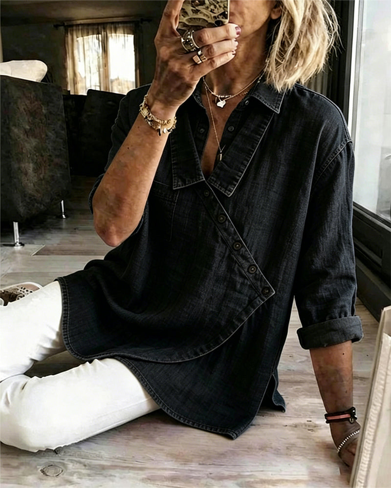 Elodie | Diagonal-Button Collared Blouse for Women