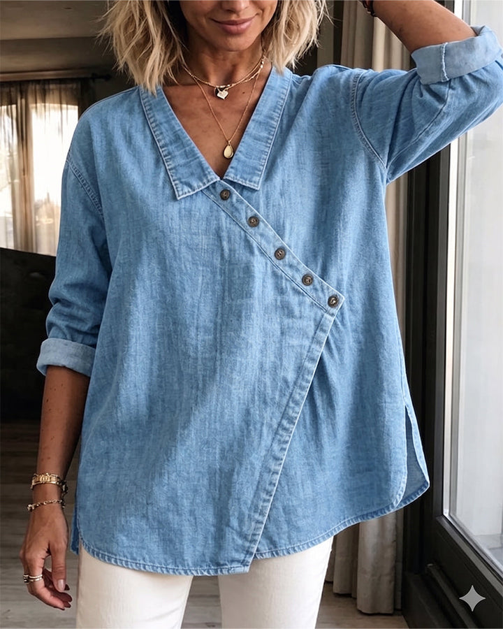 Elodie | Diagonal-Button Collared Blouse for Women