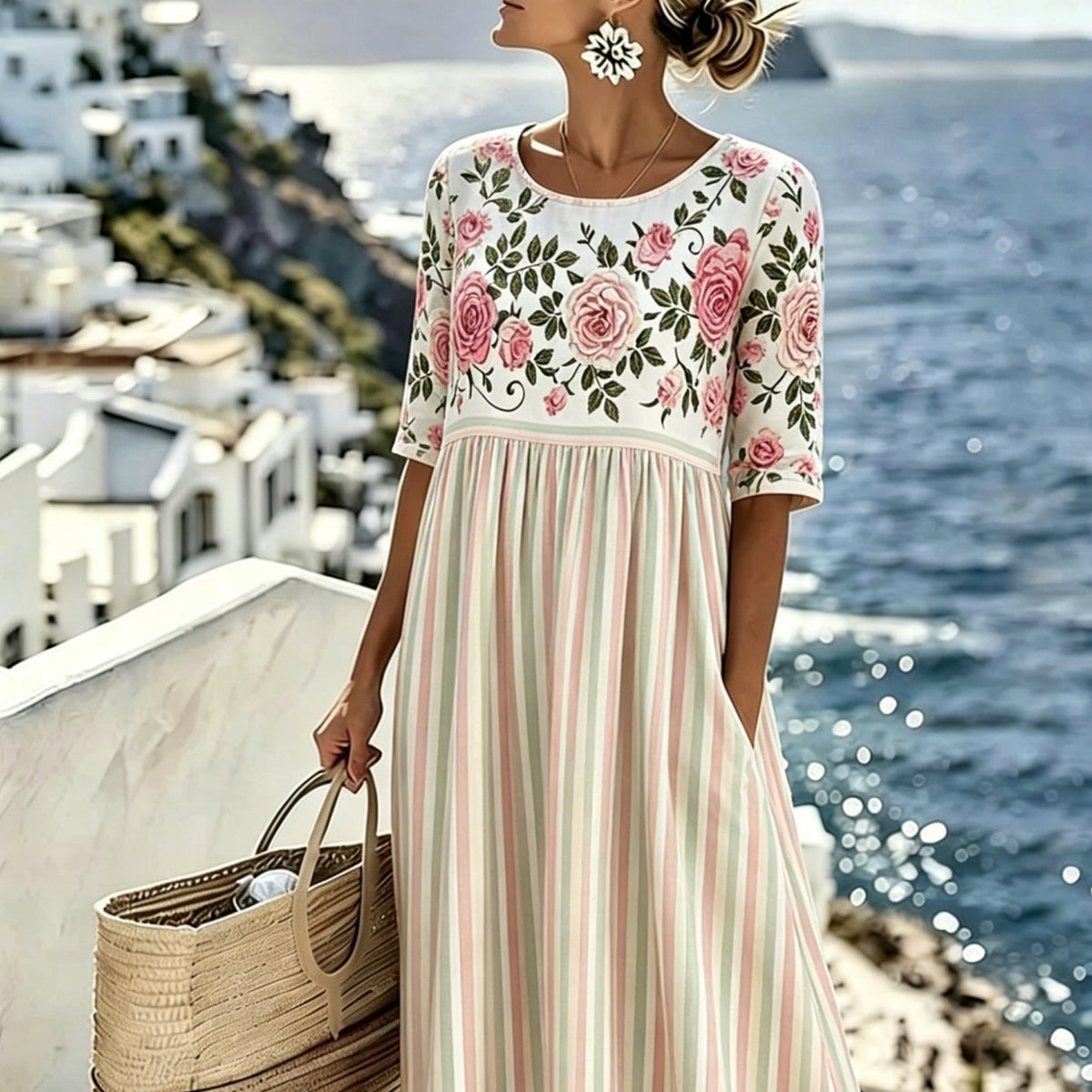 Elodie | Vintage Rose Stripe Midi Dress for Women