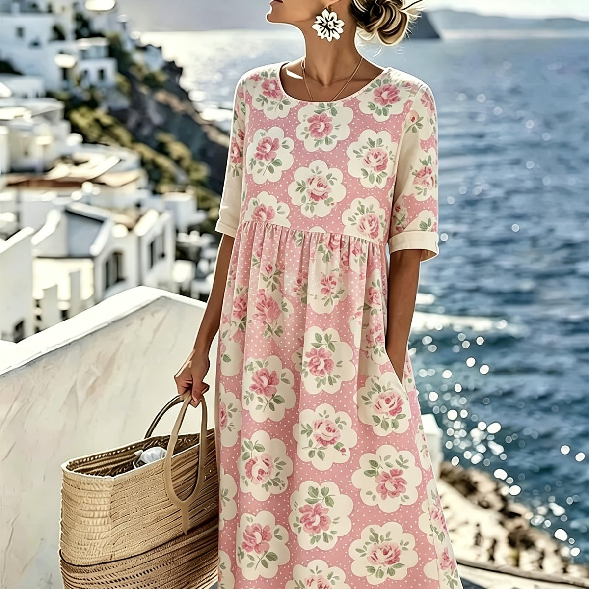 Rosalie | Vintage Rose Garden Midi Dress for Women
