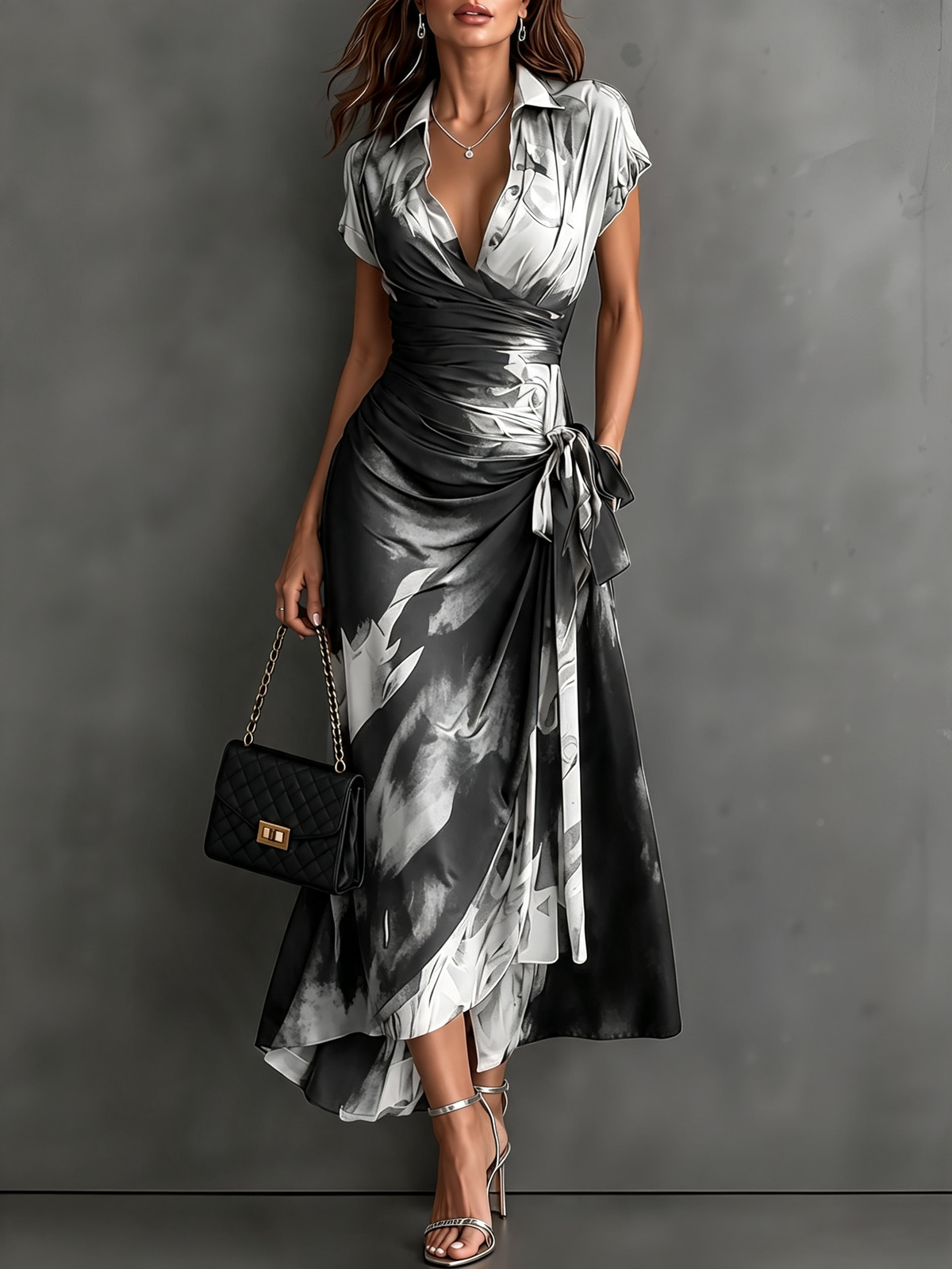 Carlotta | Black & White Abstract Print Midi Wrap Dress