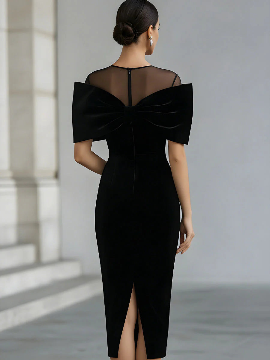 Regina | Black Velvet Bow Midi Dress for Women