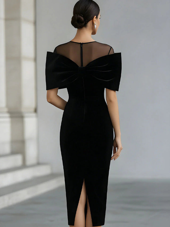 Regina | Black Velvet Bow Midi Dress for Women