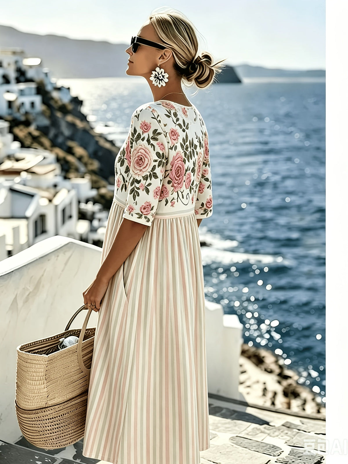 Elodie | Vintage Rose Stripe Midi Dress for Women