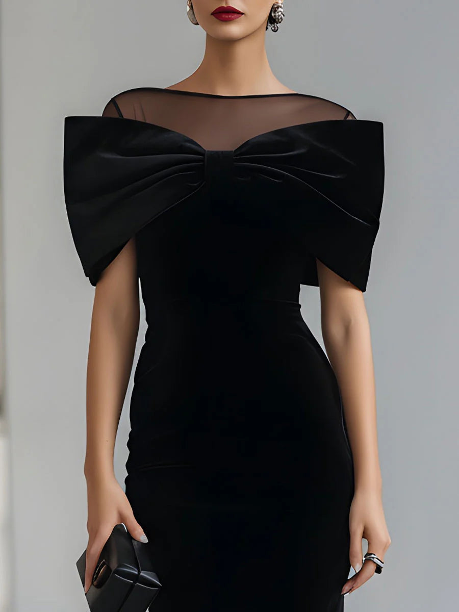 Regina | Black Velvet Bow Midi Dress for Women
