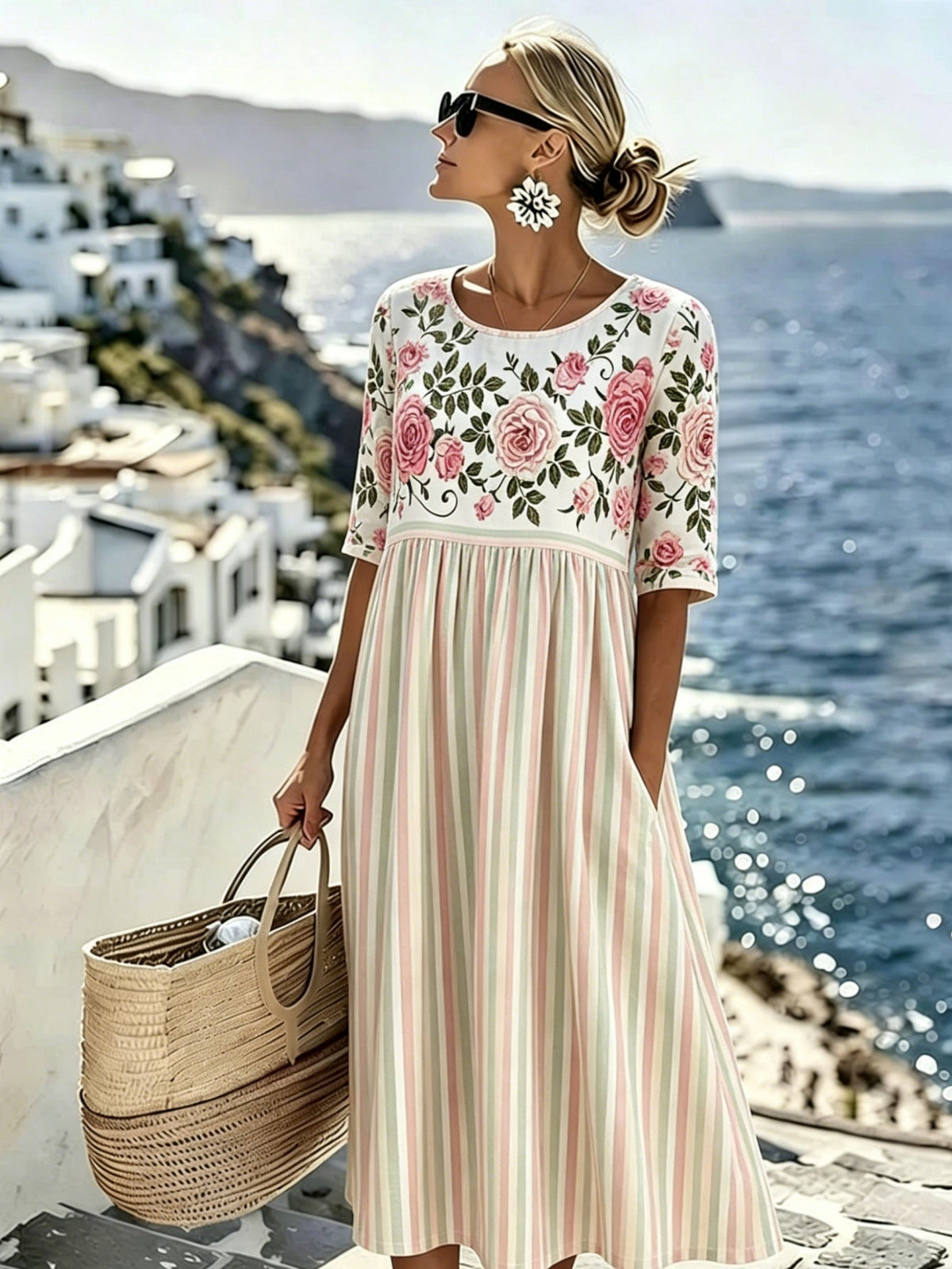 Elodie | Vintage Rose Stripe Midi Dress for Women