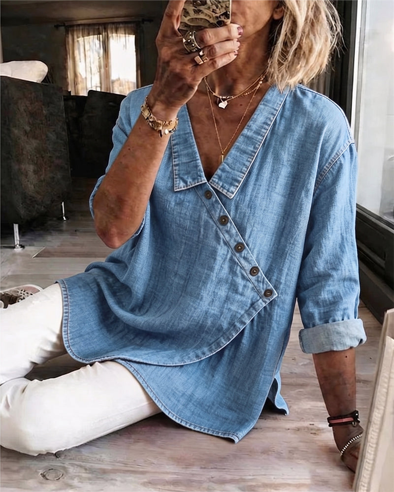 Elodie | Diagonal-Button Collared Blouse for Women