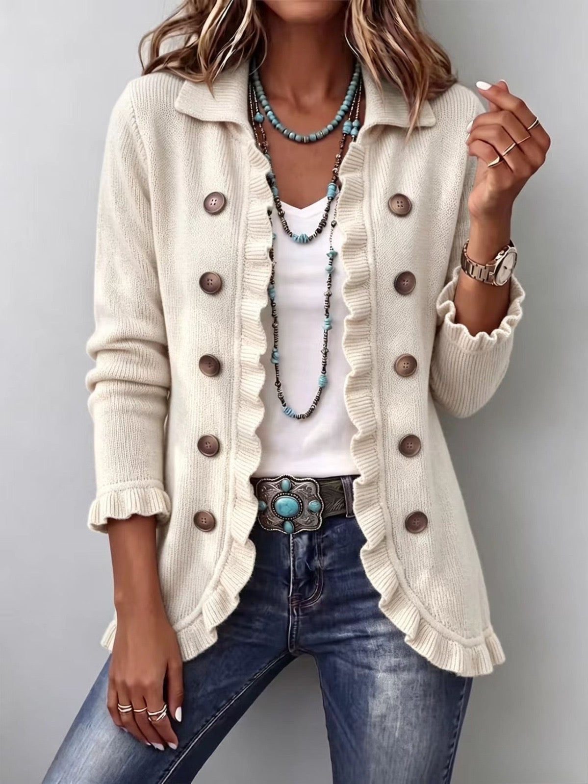 Adeline | Ribbed Knit Ruffle Jacket for Women