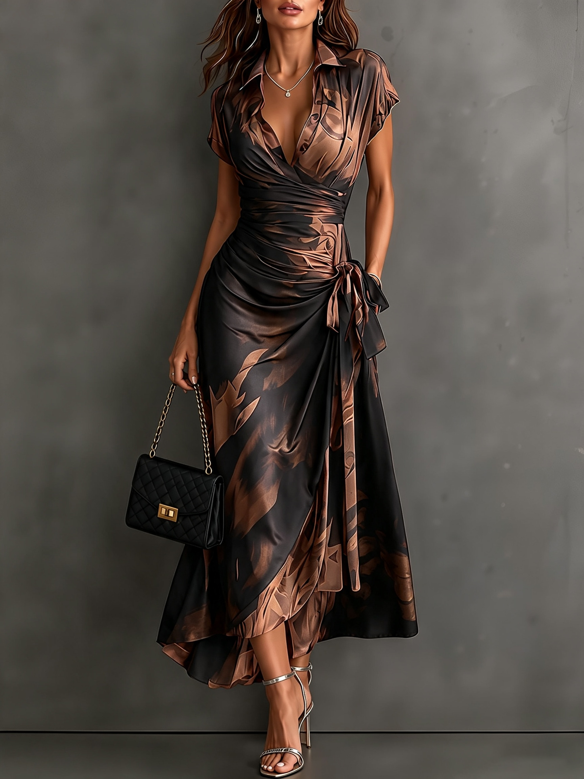 Francesca | Abstract Print Collared Wrap Midi Dress for Women