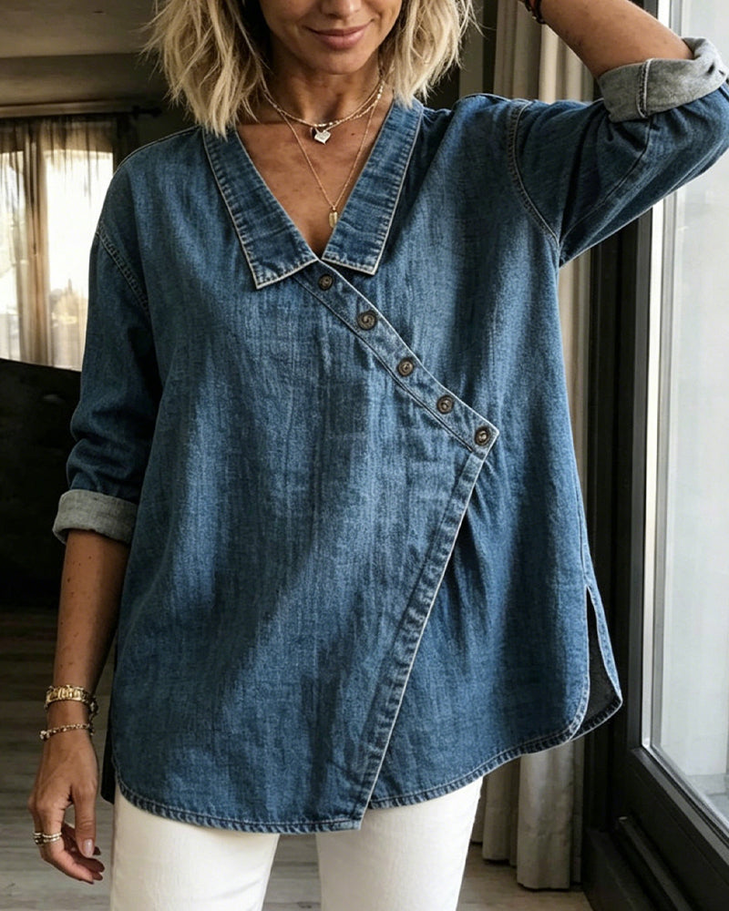 Elodie | Diagonal-Button Collared Blouse for Women