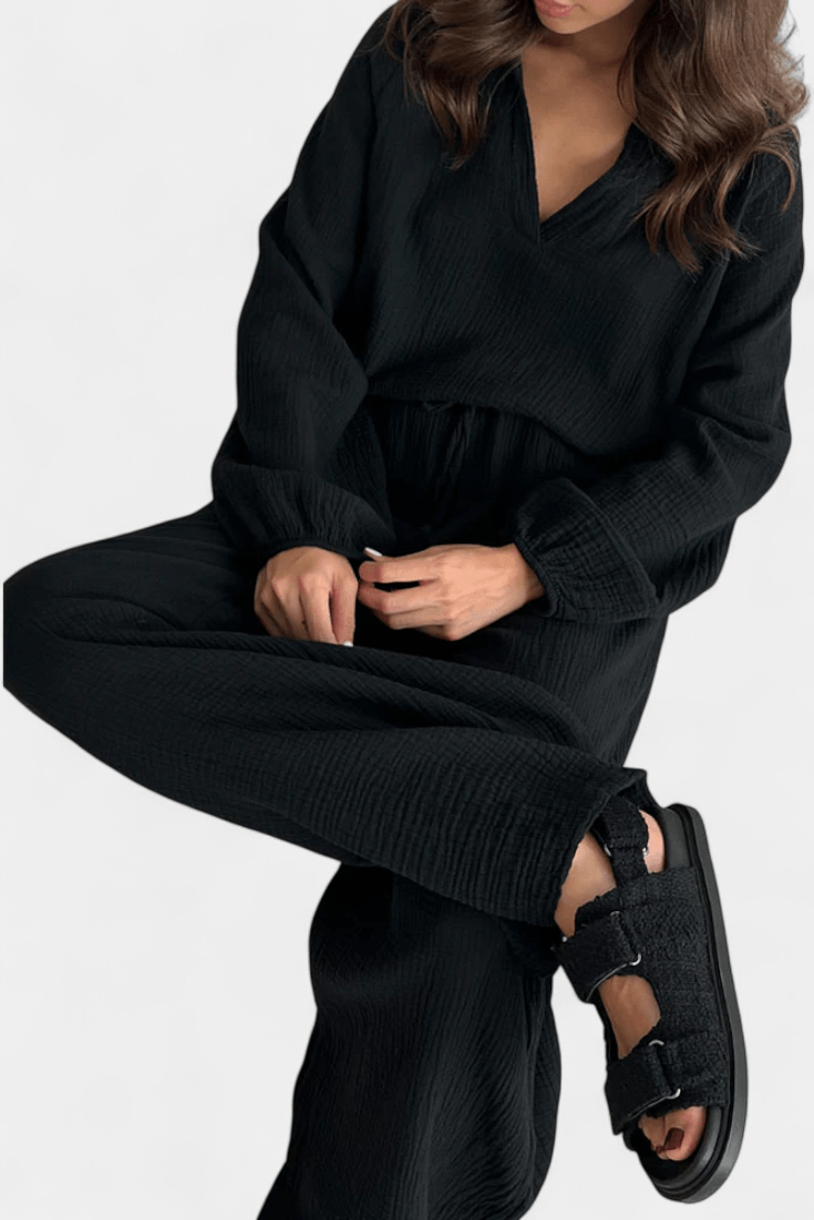 Kendra | V-Neck Long-Sleeve Wide-Leg Two-Piece Set for Women