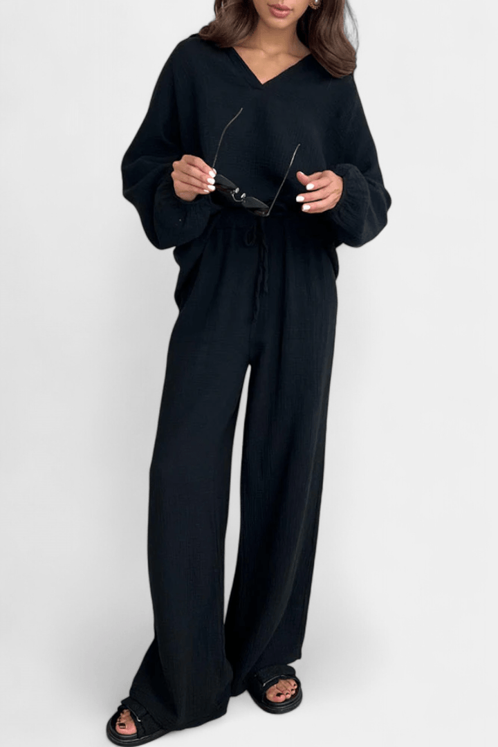 Kendra | V-Neck Long-Sleeve Wide-Leg Two-Piece Set for Women