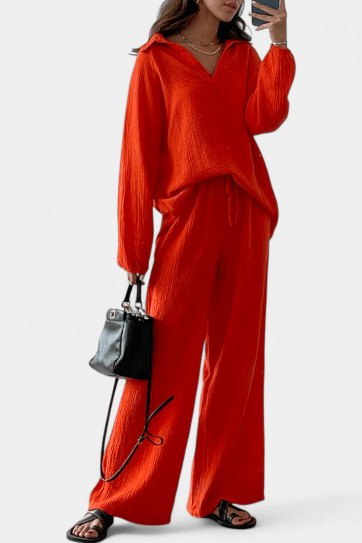 Kendra | V-Neck Long-Sleeve Wide-Leg Two-Piece Set for Women