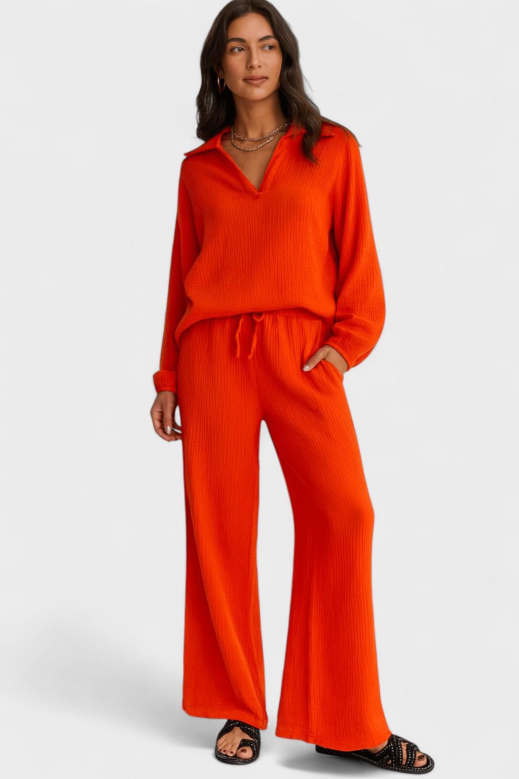 Kendra | V-Neck Long-Sleeve Wide-Leg Two-Piece Set for Women