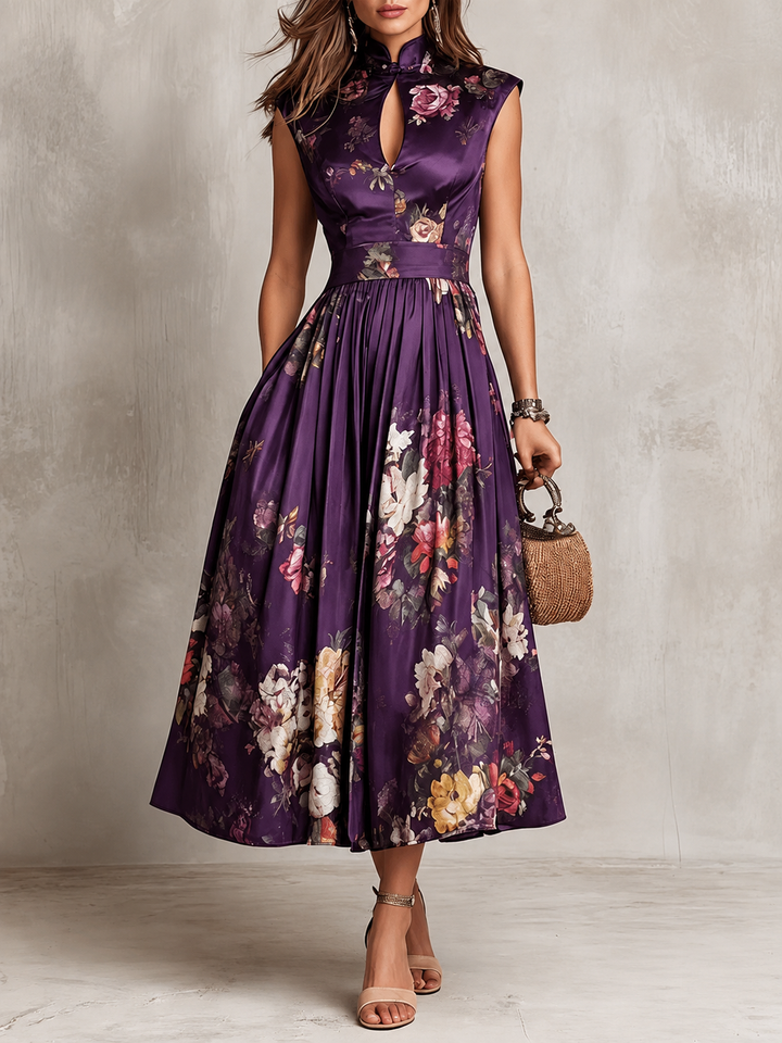 Florence | Floral Mandarin-Neck Midi Dress for Women