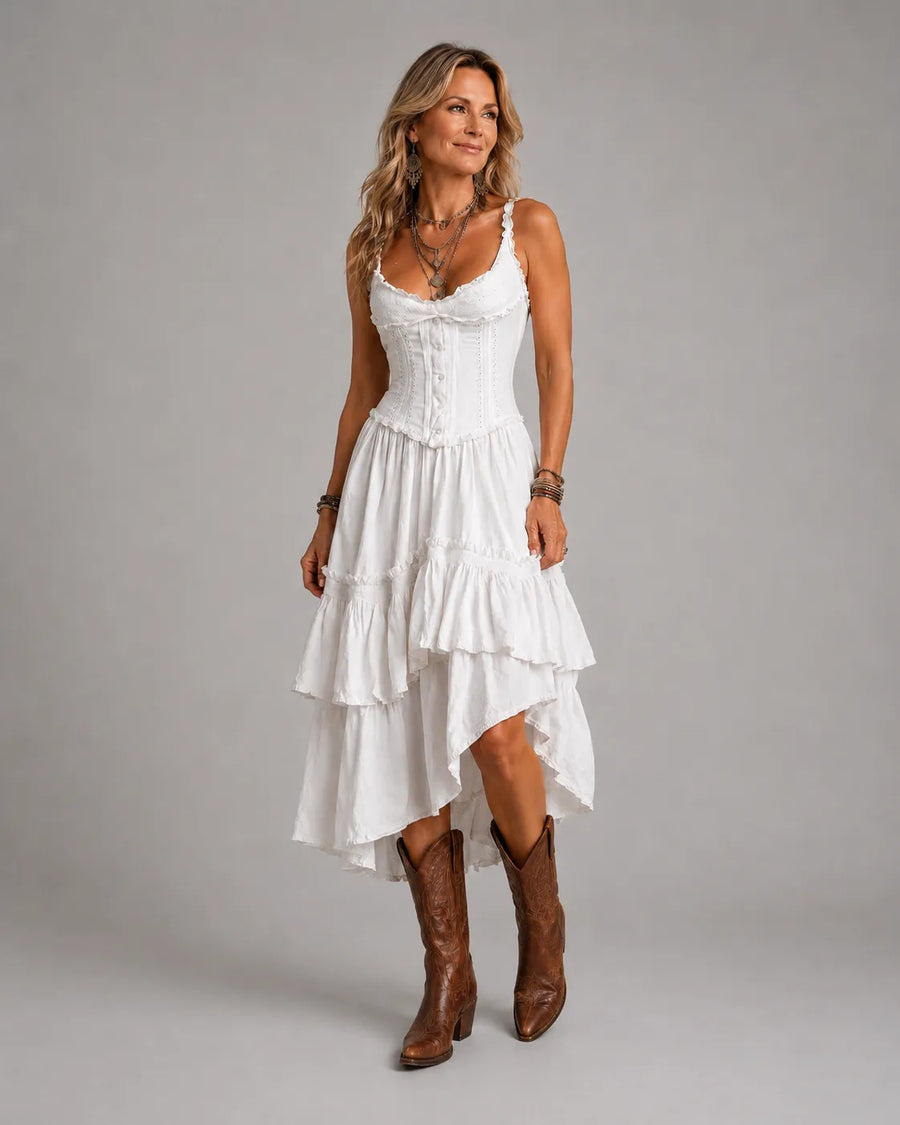 Marisol | Corset Tiered Lace-Trim Midi Dress for Women