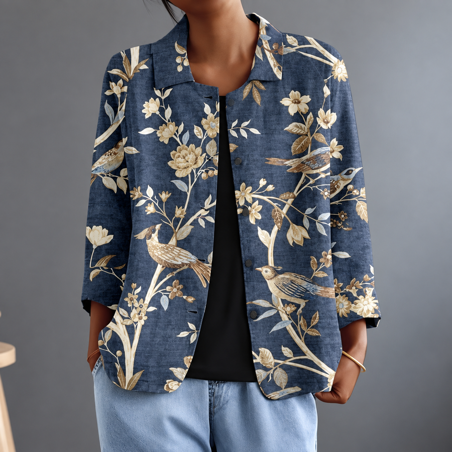 Persephone | Floral Print Button-Front Long-Sleeve Blouse