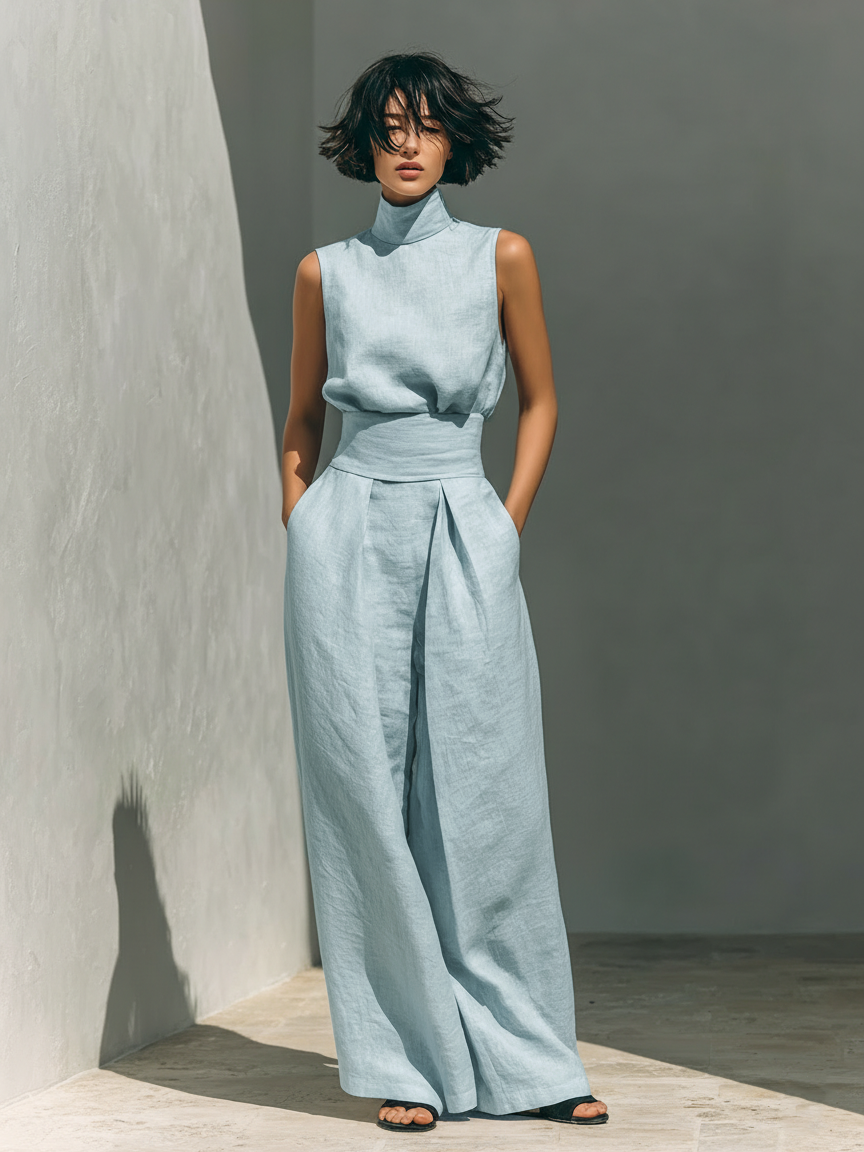 Maria | Cotton Linen Tank Top & Wide-Leg Pants Set for Women