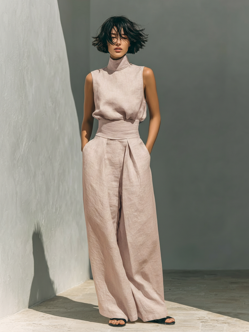 Maria | Cotton Linen Tank Top & Wide-Leg Pants Set for Women