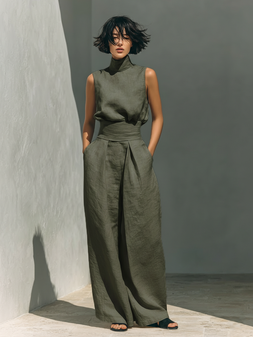 Maria | Cotton Linen Tank Top & Wide-Leg Pants Set for Women
