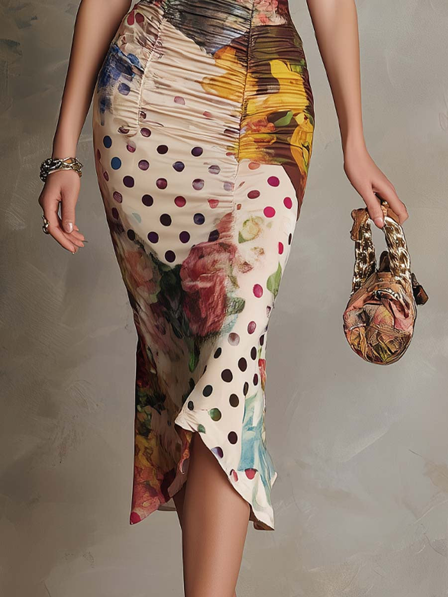 Delphine | Mixed-Print Ruched Lace Midi Dress for Women