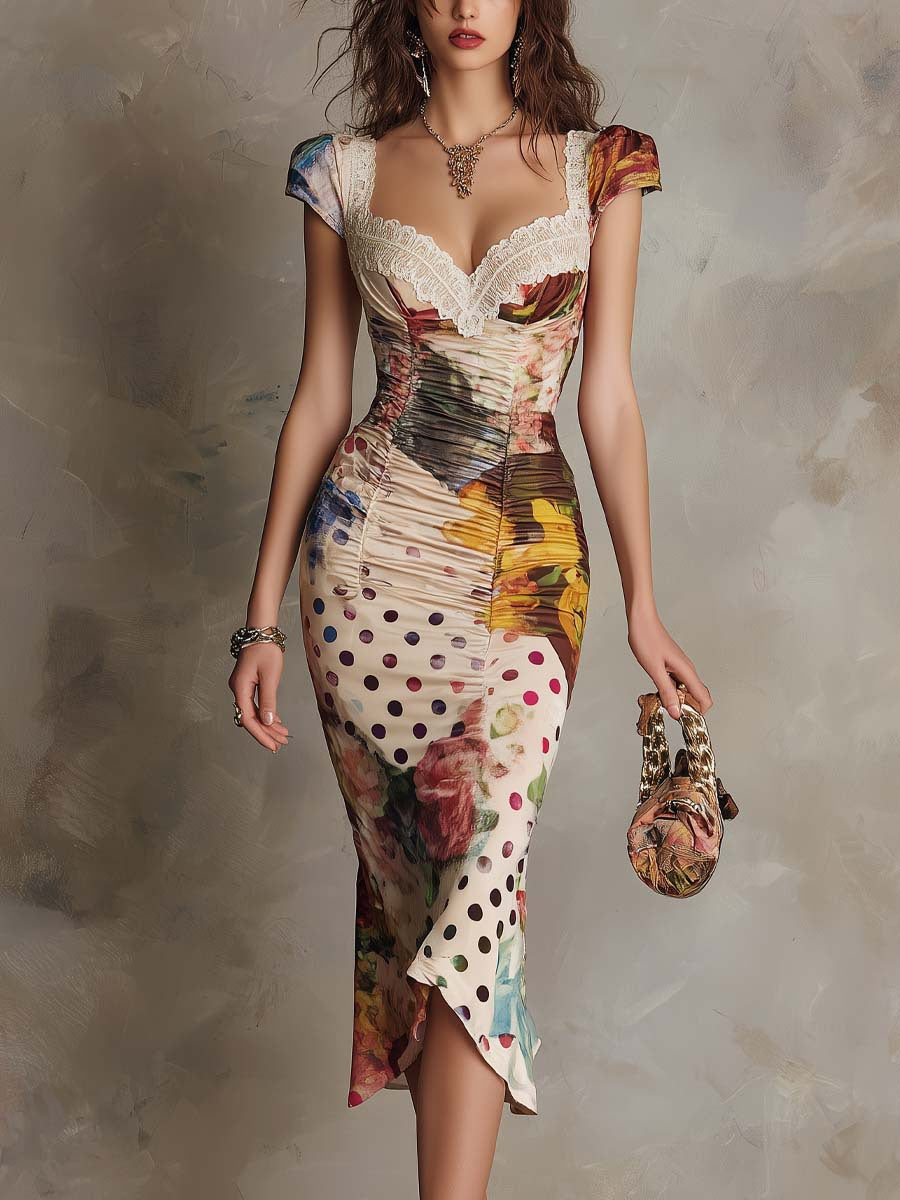 Delphine | Mixed-Print Ruched Lace Midi Dress for Women