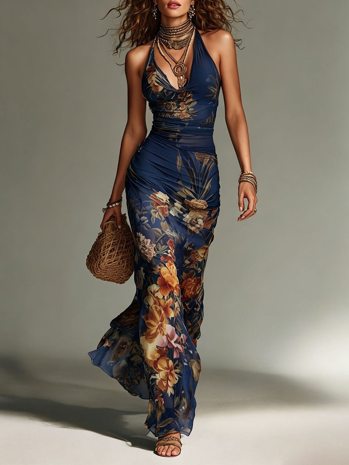 Isadora | Navy Floral Ruched Halter Maxi Dress for Women